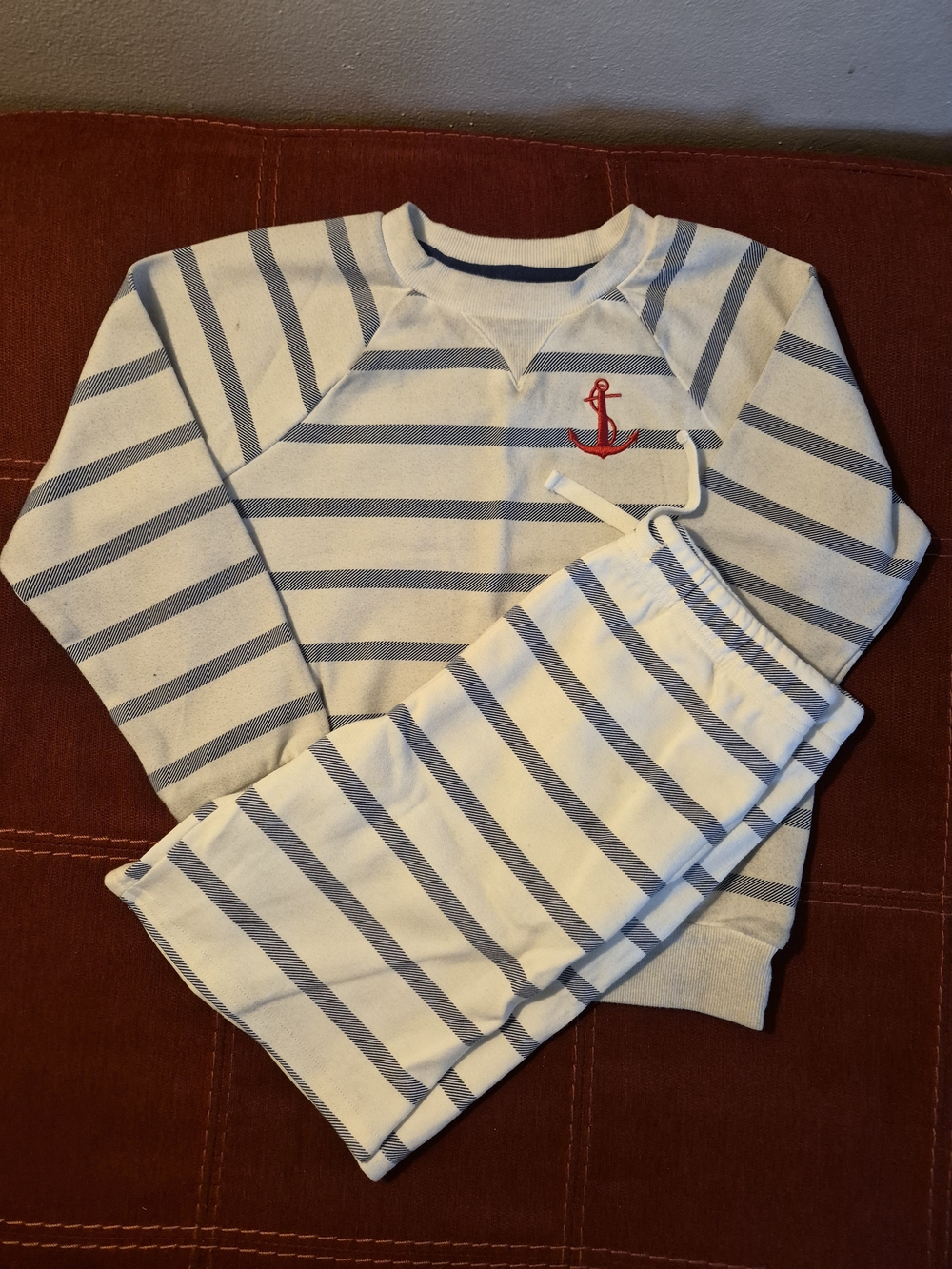 Kids Striped White & Blue Anchor Pajama Set 10/12